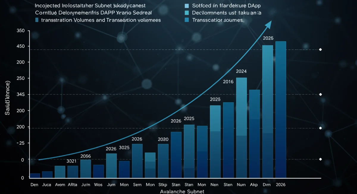 Projected Avalanche dApp deployments and transaction volumes growth bar graph.
