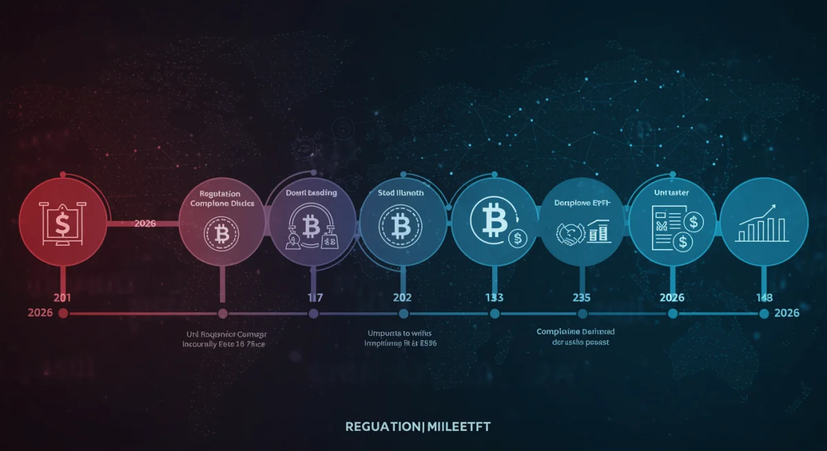 Timeline graphic showing regulatory milestones and compliance deadlines for Bitcoin ETFs up to 2026