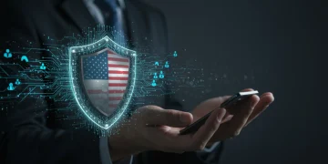 Digital shield safeguarding a blockchain network for US companies against cyber threats, representing robust security auditing.