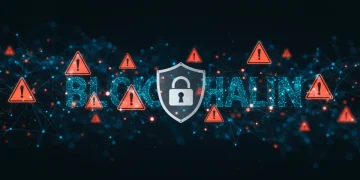 Futuristic blockchain network with security shield and warning symbols, representing smart contract vulnerability mitigation.