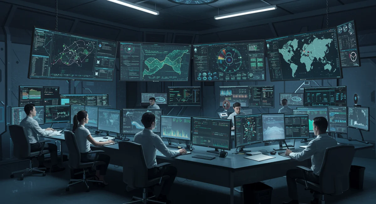 Cybersecurity operations center monitoring blockchain networks, with experts collaborating on threat detection and analysis.