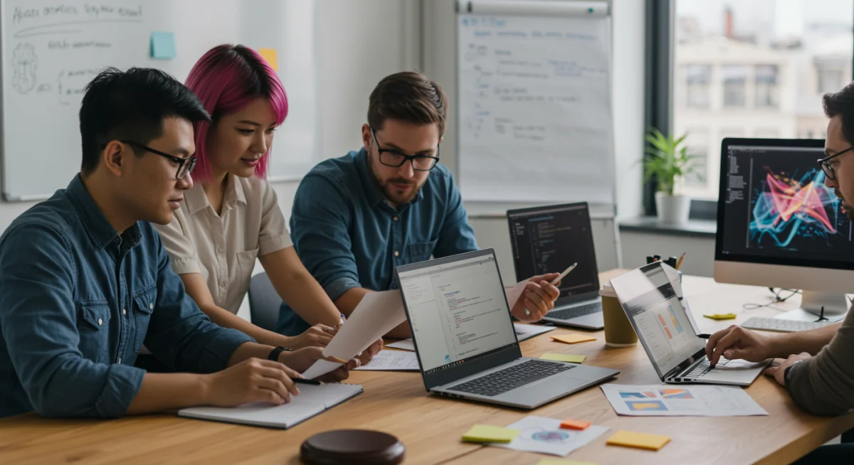 Digital artists and developers collaborating on smart contracts and legal compliance.