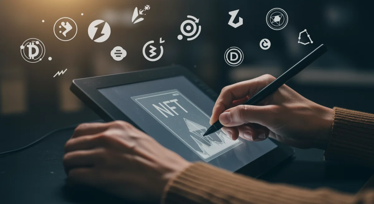 Digital artist creating NFT artwork on tablet, integrating blockchain platforms