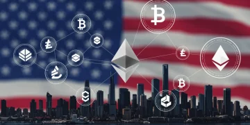 Futuristic digital cityscape with blockchain networks and altcoin logos, symbolizing growth and competition in the US crypto market.