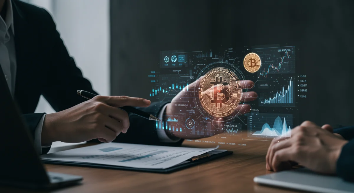 Financial advisor explaining regulatory documents for Bitcoin ETFs to an investor