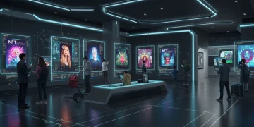 Futuristic digital art gallery showcasing vibrant NFT artworks for 2026 market insights