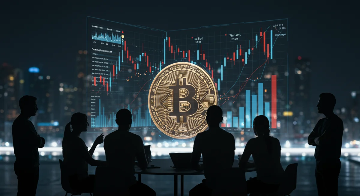Investors analyzing Bitcoin price movements and economic indicators for strategic decisions