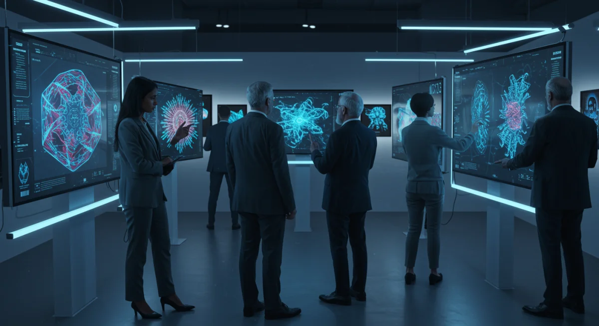 Investors and collectors at a generative art NFT exhibition