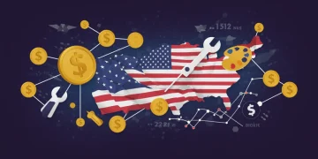 Stylized blockchain network with artist tools and monetary symbols representing NFT royalties and creator earnings.