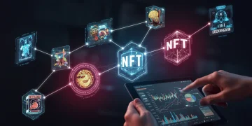 Digital artist analyzing NFT royalty growth on a tablet with blockchain network art