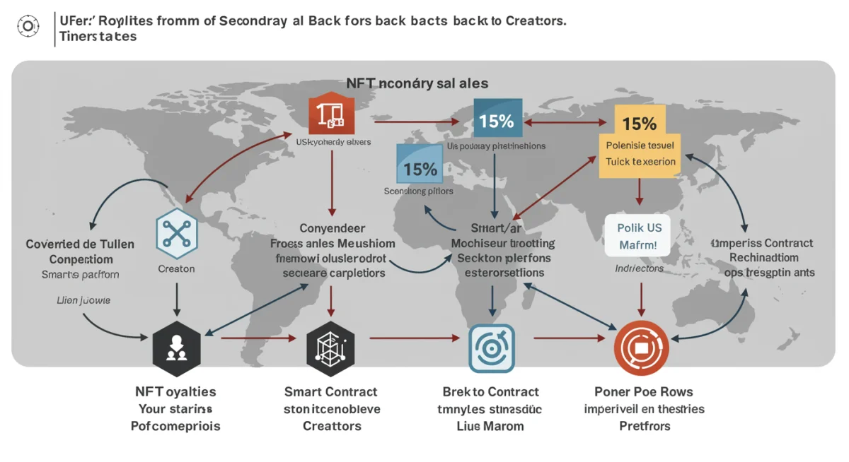 Infographic showing the flow of NFT royalties to creators from secondary sales.