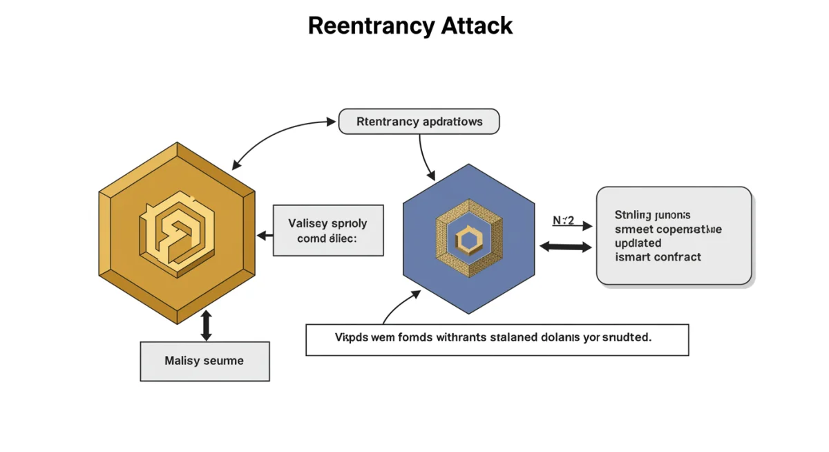 Diagram showing reentrancy attack flow with code snippets and malicious call sequence.