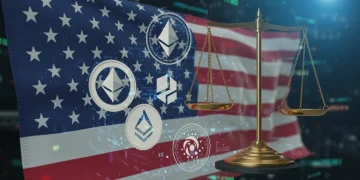Futuristic digital coins on a scale with US flag, symbolizing SEC altcoin staking regulation impact