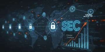 Secure blockchain network with SEC logo and compliance graph, symbolizing new cybersecurity rules.