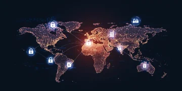 Secure blockchain network protecting global supply chain data in the US.