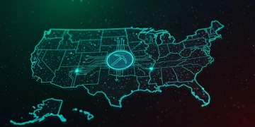 Illustration of Bitcoin mining infrastructure over a US map with glowing circuits.