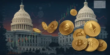 Dynamic altcoin market chart with US Capitol and Q1 2026 calendar, symbolizing investment strategies.