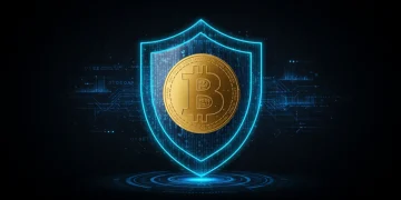 Digital shield protecting Bitcoin from cyber threats in 2026