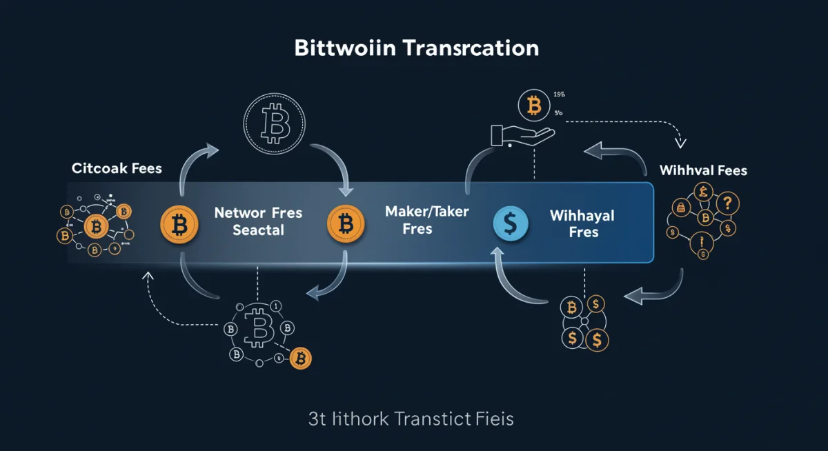 Components of Bitcoin transaction fees explained, showing network, maker, taker, and withdrawal costs.