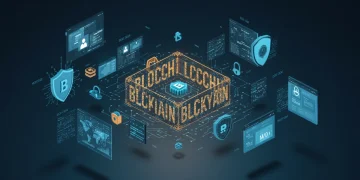 Stylized illustration of blockchain security audit with shield and digital code.