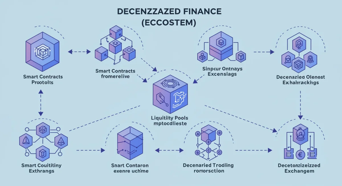 Illustration of a decentralized finance ecosystem with interconnected components.