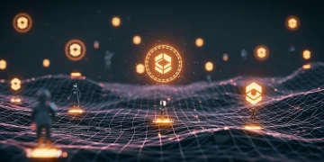 Futuristic gaming altcoins landscape with blockchain networks and digital characters