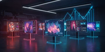 Futuristic digital art gallery with glowing NFT screens and abstract data analytics visualizations.