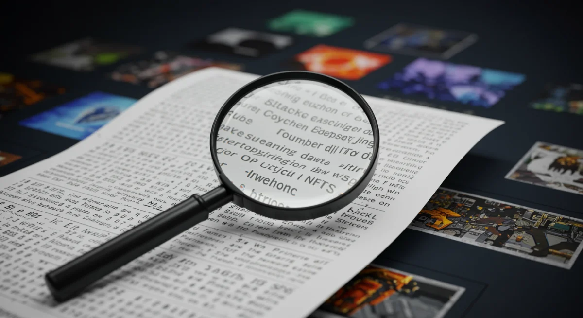 Magnifying glass examining legal text with digital art, illustrating NFT copyright scrutiny.