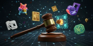 Legal gavel striking blockchain with digital art NFTs, symbolizing legal challenges.
