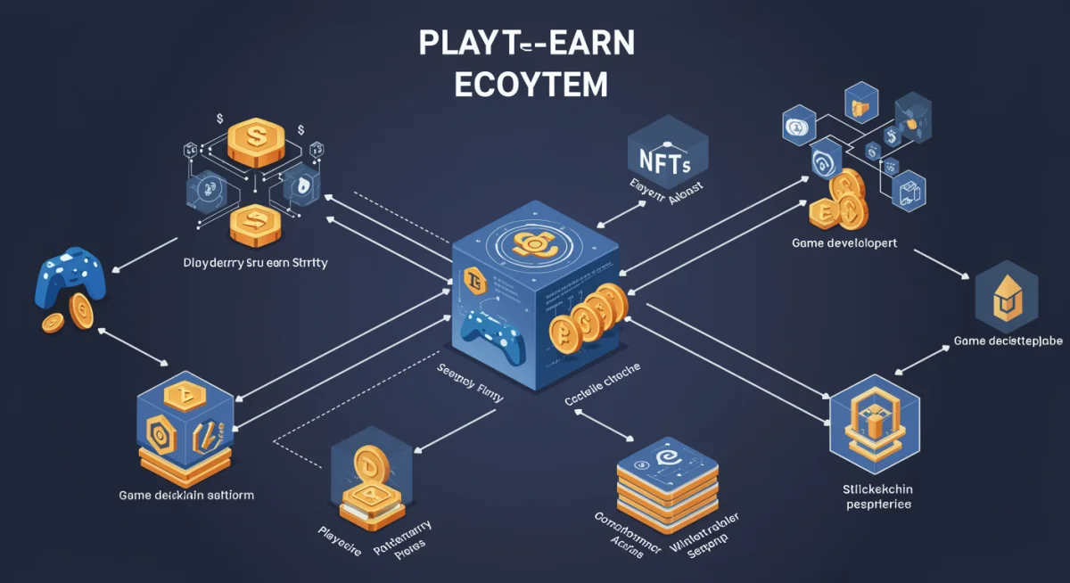 Infographic of the play-to-earn ecosystem and its interconnected components