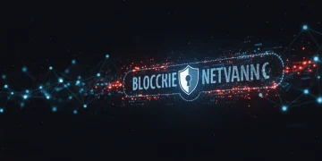 Secure blockchain network with glowing nodes and shield icon protecting data integrity.