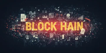 Stylized blockchain network with legal documents and artistic elements, representing US NFT copyright landscape.