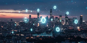 Futuristic digital cityscape representing altcoin investments and blockchain networks in 2026 for US investors.