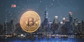 Futuristic digital cityscape with Bitcoin symbols and financial graphs in the US market.