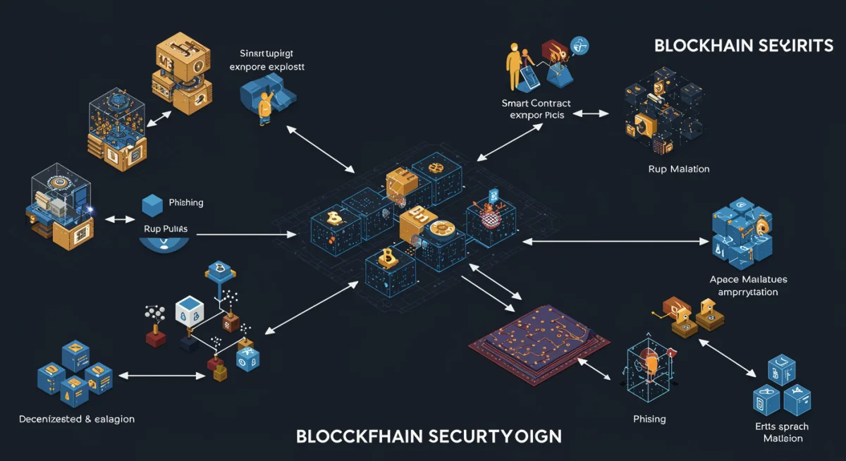 Infographic showing common blockchain attack vectors like smart contract exploits and phishing.