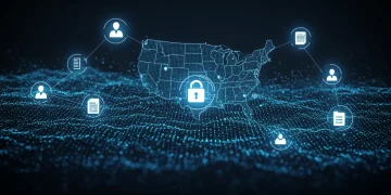 Blockchain nodes securing digital identities across the United States, representing decentralized identity management