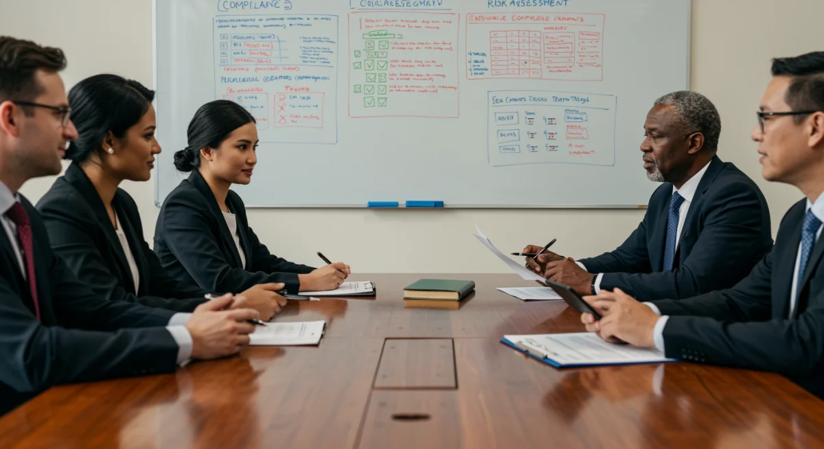 Financial advisors and investors discussing compliance checklists and risk assessment for crypto investments.