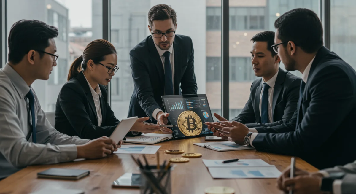 Financial professionals discussing Bitcoin investment strategies in a boardroom.