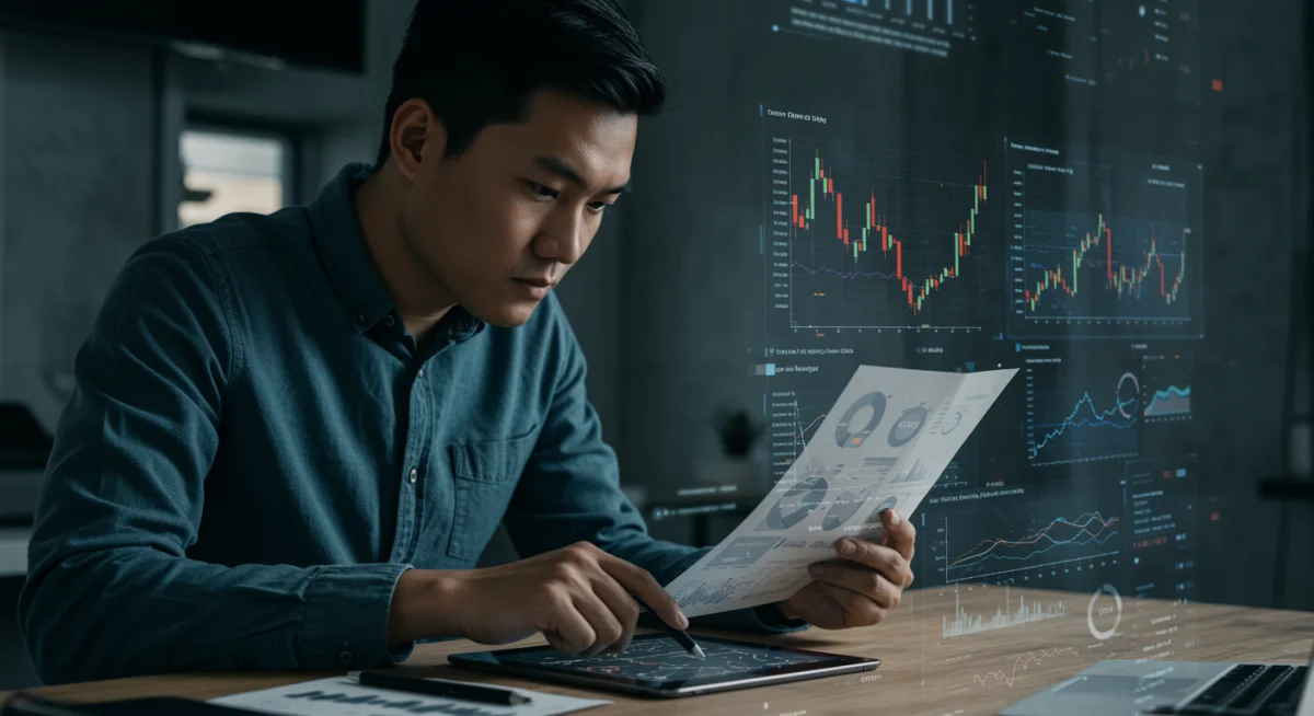 Investor reviewing financial regulations on a tablet, symbolizing due diligence for Bitcoin ETF compliance.