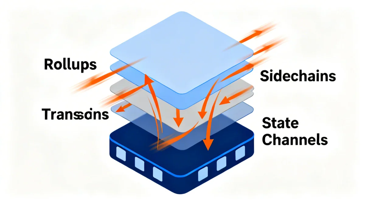Diagram showing Layer 2 scaling architecture with rollups, sidechains, and state channels.