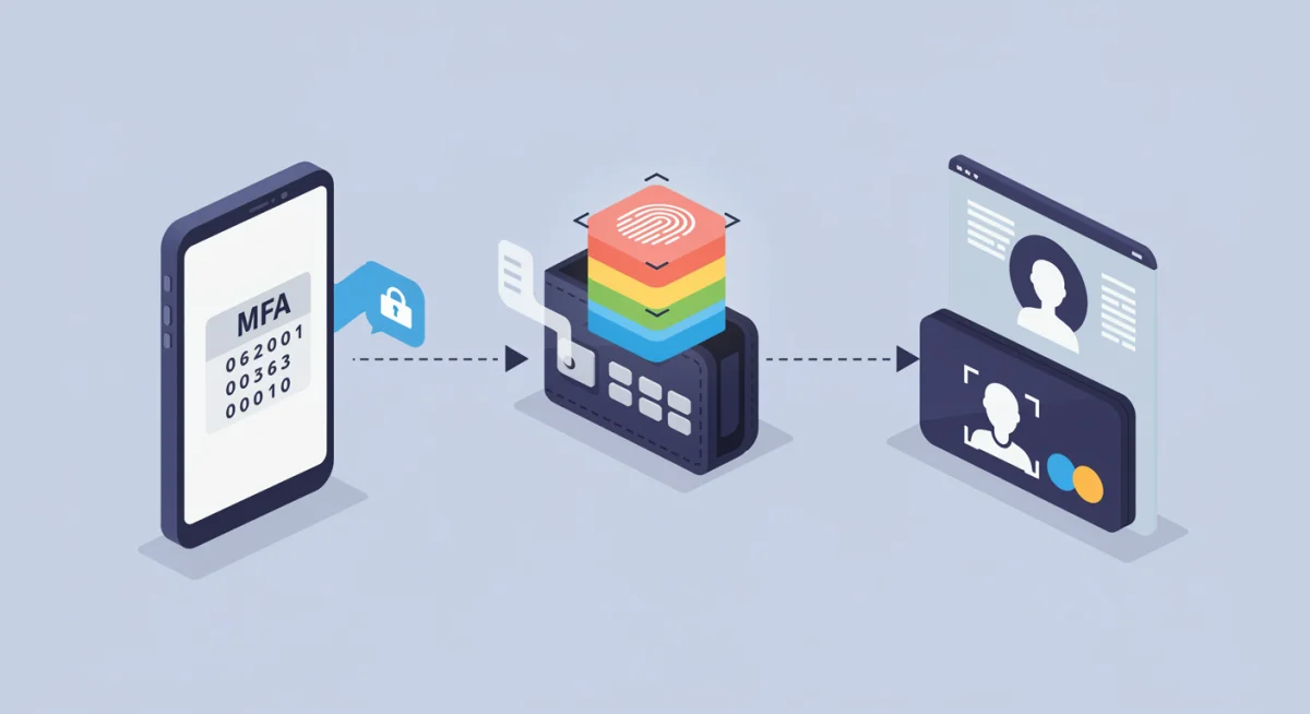 Multi-factor authentication (MFA) process with smartphone, fingerprint, and face recognition for enhanced digital wallet security.