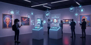 Futuristic digital art gallery with blockchain symbols and US collectors verifying NFT art.