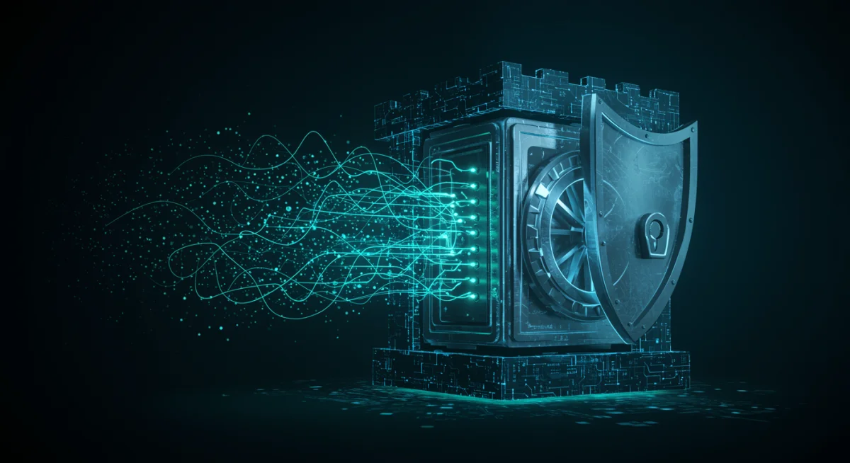 Digital vault representing secure cold storage for NFTs, with encrypted data and protective shield.