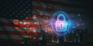 Secure digital padlock protecting vibrant NFT artwork on a blockchain network, symbolizing robust NFT cybersecurity.