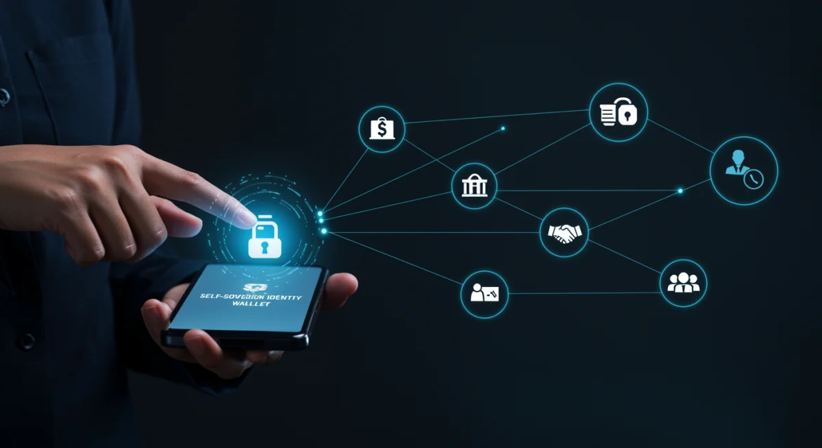 User managing self-sovereign identity via a digital wallet on a smartphone, connected to blockchain services