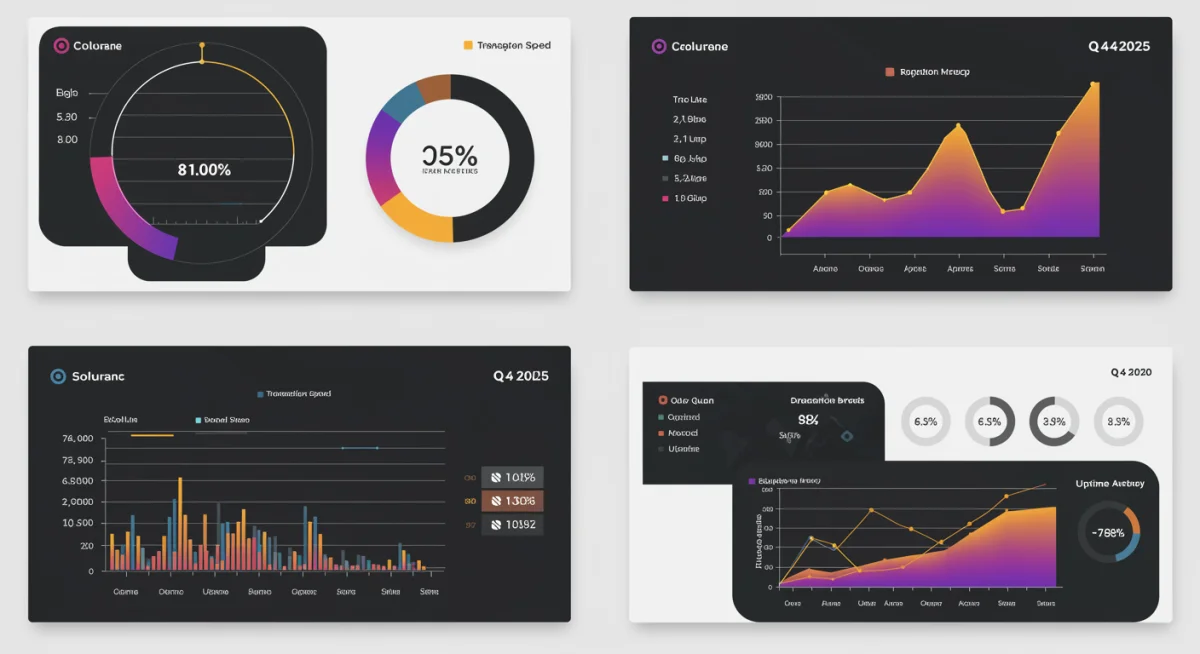 Infographic displaying Solana network metrics for Q4 2025: transaction speed, cost, and uptime.