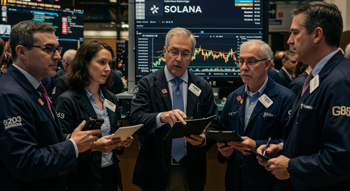 US investors analyzing Solana's market performance and price charts, reflecting sentiment.