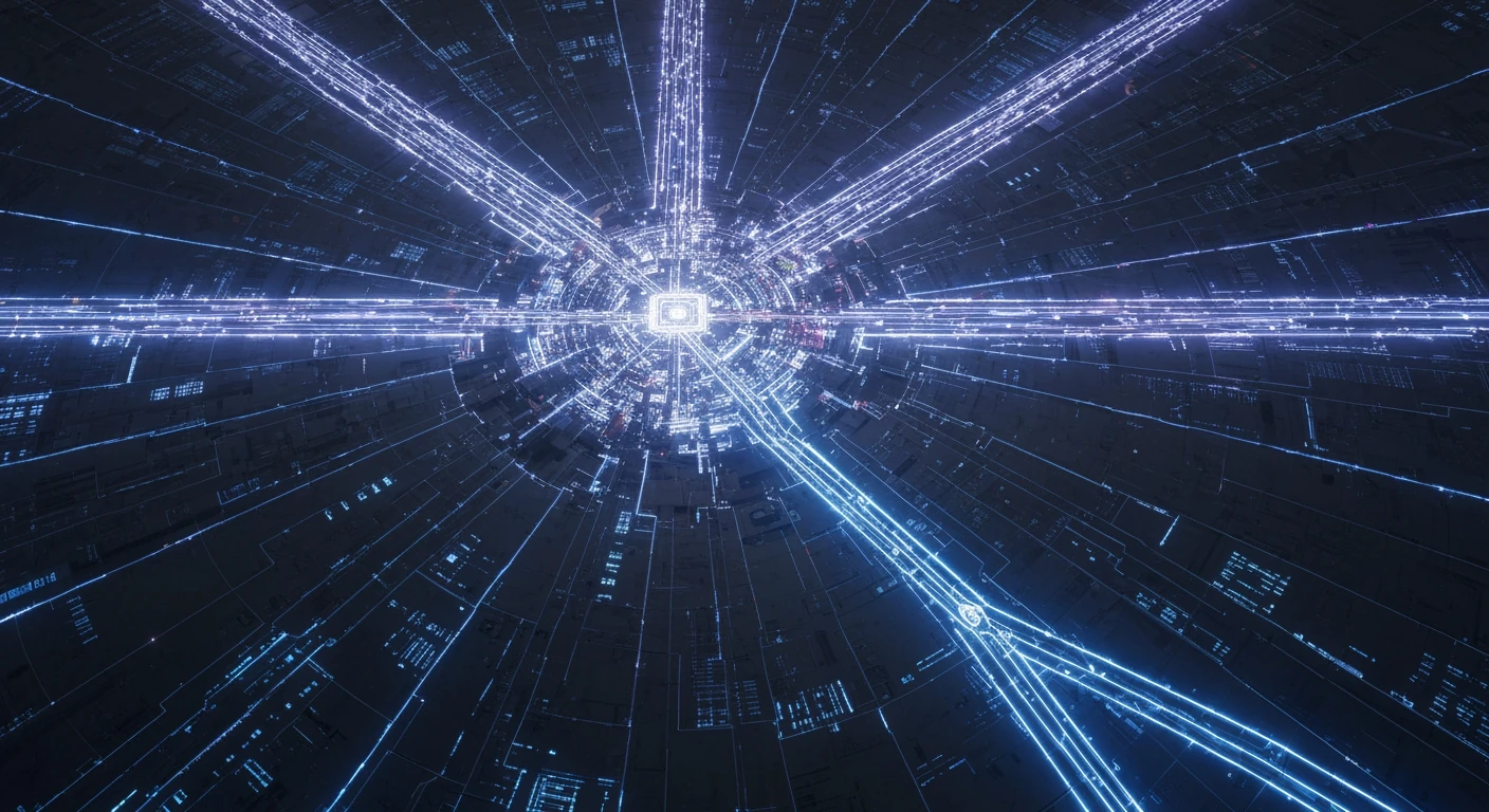 An aerial drone shot of an abstract, interconnected digital network, with glowing blue and purple pathways expanding from a centralized point, symbolizing Web3's decentralized architecture and user sovereignty.