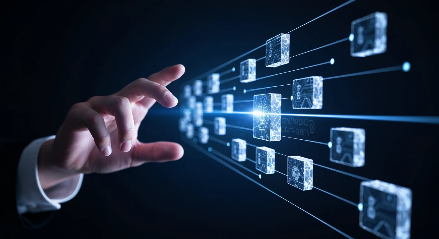 Holographic display showing interconnected data blocks, representing a distributed blockchain ledger, with a hand reaching towards it, symbolizing interaction with secure, decentralized technology.