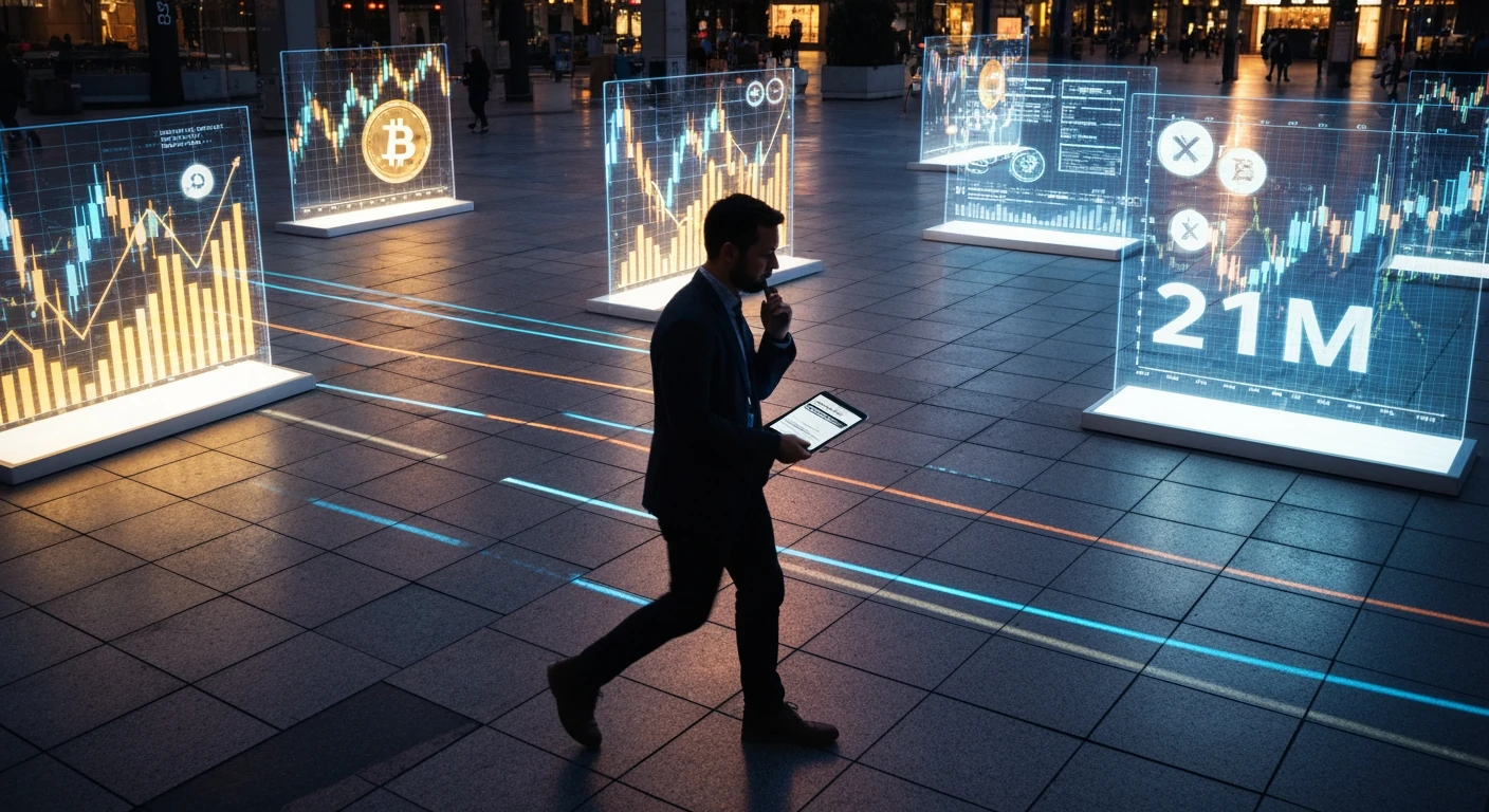 A person walks through a digital market square at dusk, surrounded by glowing holographic projections of crypto graphs and symbols, reflecting market dynamics.